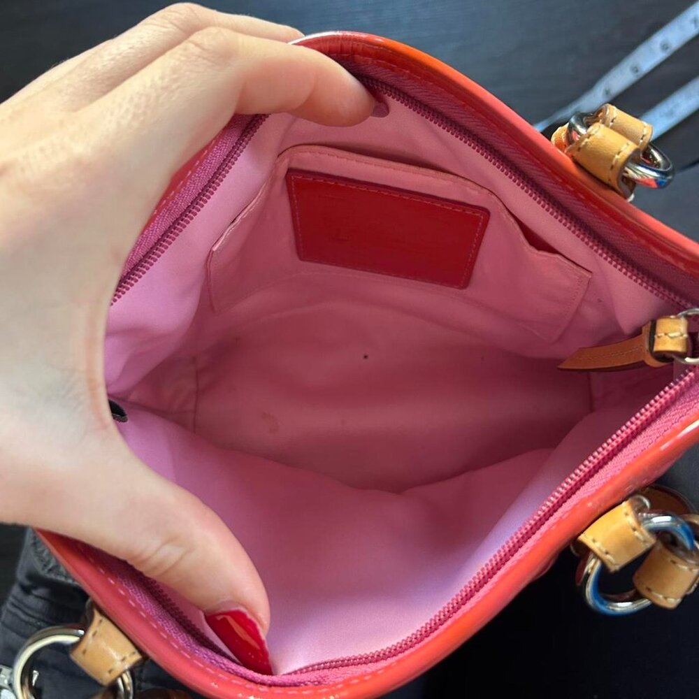 Coach Peyton Signature Embossed Patent Leather mini Tote. vibrant coral glossy - Picture 7 of 8